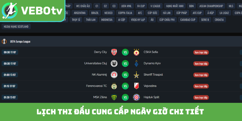 Lịch thi đấu cung cấp ngày giờ chi tiết